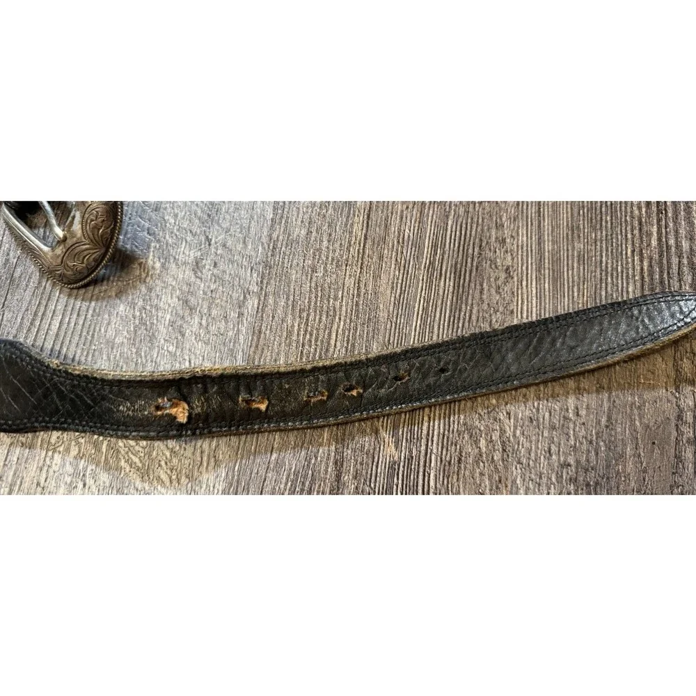 Vtg Vogt Black Leather Western Belt 46 Basketweave Tooled Silver Engraved Buckle